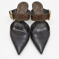 Louis Vuitton Black/Brown Leather and Studded Monogram Canvas Pointed Toe Mules Size 39