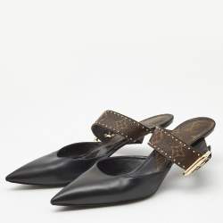 Louis Vuitton Black/Brown Leather and Studded Monogram Canvas Pointed Toe Mules Size 39