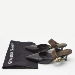 Louis Vuitton Black/Brown Leather and Studded Monogram Canvas Pointed Toe Mules Size 39