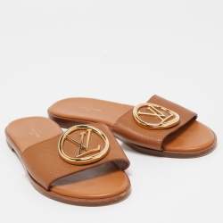 Louis Vuitton Brown Leather Lock It  Flat Slides Size 36