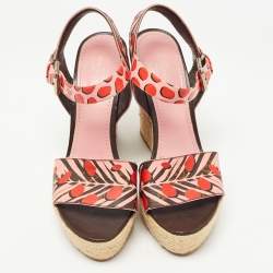Pre Owned Louis Vuitton Pink/Brown Monogram Canvas Sugar Pink Poppy Espadrille Wedge Platform Ankle Strap Sandals Size 37