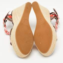 Pre Owned Louis Vuitton Pink/Brown Monogram Canvas Sugar Pink Poppy Espadrille Wedge Platform Ankle Strap Sandals Size 37