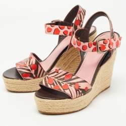 Pre Owned Louis Vuitton Pink/Brown Monogram Canvas Sugar Pink Poppy Espadrille Wedge Platform Ankle Strap Sandals Size 37