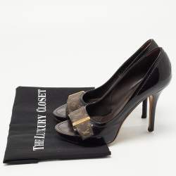 Pre Owned Louis Vuitton Dark Brown Patent Leather and Monogram Canvas Open Toe Pumps Size 36