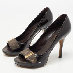 Pre Owned Louis Vuitton Dark Brown Patent Leather and Monogram Canvas Open Toe Pumps Size 36