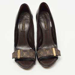 Pre Owned Louis Vuitton Dark Brown Patent Leather and Monogram Canvas Open Toe Pumps Size 36