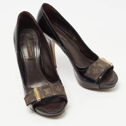 Pre Owned Louis Vuitton Dark Brown Patent Leather and Monogram Canvas Open Toe Pumps Size 36