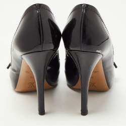 Pre Owned Louis Vuitton Dark Brown Patent Leather and Monogram Canvas Open Toe Pumps Size 36