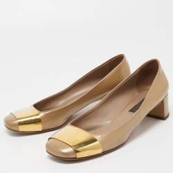 Pre Owned Louis Vuitton Olive Green Patent Leather Block Heel Pumps Size 37