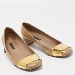 Pre Owned Louis Vuitton Olive Green Patent Leather Block Heel Pumps Size 37