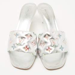 Louis Vuitton Silver Monogram Embossed Leather Revival Slide Sandals Size 41