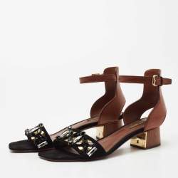 مملوكة مسبقًا Louis Vuitton Black/Brown Crystal Embellished Suede and Leather Ankle Strap Sandals Size 38