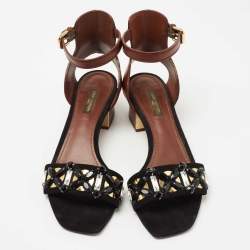 مملوكة مسبقًا Louis Vuitton Black/Brown Crystal Embellished Suede and Leather Ankle Strap Sandals Size 38