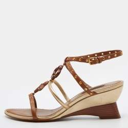 Louis Vuitton Brown/Gold Leather Strappy Wedge Sandals Size 37.5