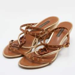 Louis Vuitton Brown/Gold Leather Strappy Wedge Sandals Size 37.5