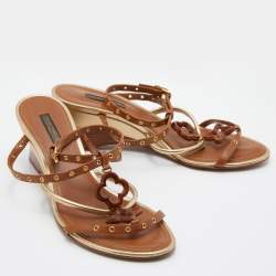 Louis Vuitton Brown/Gold Leather Strappy Wedge Sandals Size 37.5