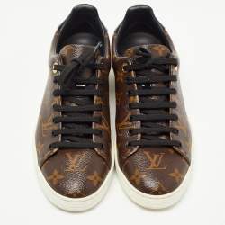 Pre Owned Louis Vuitton Brown/Black Monogram Canvas and Patent Leather Frontrow Sneakers Size 38.5
