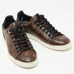 Pre Owned Louis Vuitton Brown/Black Monogram Canvas and Patent Leather Frontrow Sneakers Size 38.5