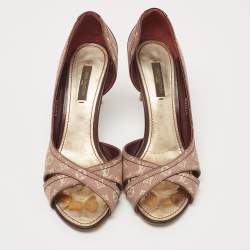 Pre Owned Louis Vuitton Brown/Burgundy Canvas and Patent Leather D'orsay Open Toe Pumps Size 37.5