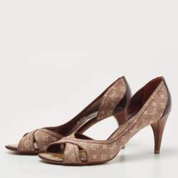 Pre Owned Louis Vuitton Brown/Burgundy Canvas and Patent Leather D'orsay Open Toe Pumps Size 37.5