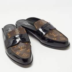 Louis Vuitton Brown/Black Monogram Canvas and Patent Leather Academy Loafer Mules Size 38.5