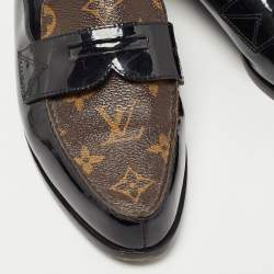 Louis Vuitton Brown/Black Monogram Canvas and Patent Leather Academy Loafer Mules Size 38.5