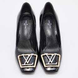 Louis Vuitton Black Patent Leather Madeleine Block Heel Pumps Size 37.5