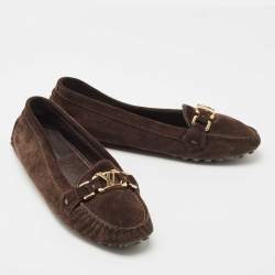 Pre Owned Louis Vuitton Brown Suede Oxford Ballet Flats Size 39.5 