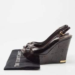 Pre Owned Louis Vuitton Black Patent Leather Pantheon Wedge Slingback  Sandals Size 36