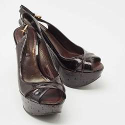 Pre Owned Louis Vuitton Black Patent Leather Pantheon Wedge Slingback  Sandals Size 36