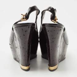 Pre Owned Louis Vuitton Black Patent Leather Pantheon Wedge Slingback  Sandals Size 36