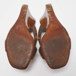 Pre Owned Louis Vuitton Brown Canvas Studded Cross Strap Wedge Sandals Size 38.5