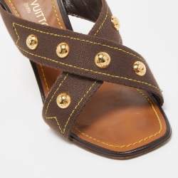 Pre Owned Louis Vuitton Brown Canvas Studded Cross Strap Wedge Sandals Size 38.5