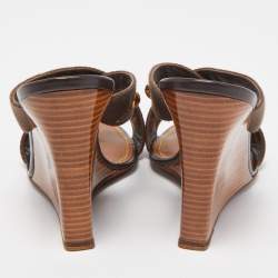 Pre Owned Louis Vuitton Brown Canvas Studded Cross Strap Wedge Sandals Size 38.5