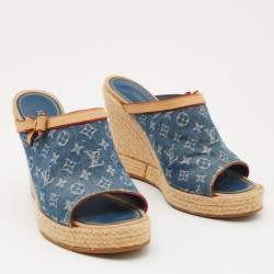 Louis Vuitton Blue/Beige Monogram Denim Espadrille Wedge Mules Size 38.5