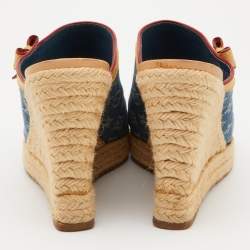 Louis Vuitton Blue/Beige Monogram Denim Espadrille Wedge Mules Size 38.5