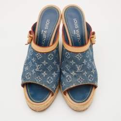 Louis Vuitton Blue/Beige Monogram Denim Espadrille Wedge Mules Size 38.5