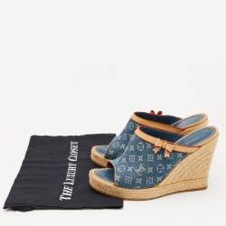 Louis Vuitton Blue/Beige Monogram Denim Espadrille Wedge Mules Size 38.5