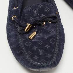 Louis Vuitton Navy Blue Monogram Embossed Suede Gloria Loafers Size 37.5