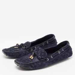 Louis Vuitton Navy Blue Monogram Embossed Suede Gloria Loafers Size 37.5