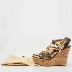 Louis Vuitton Gold/Brown Leather and Monogram Canvas Cork Wedge Strappy Sandals Size 38.5