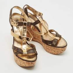 Louis Vuitton Gold/Brown Leather and Monogram Canvas Cork Wedge Strappy Sandals Size 38.5