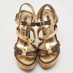 Louis Vuitton Gold/Brown Leather and Monogram Canvas Cork Wedge Strappy Sandals Size 38.5