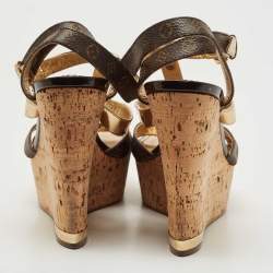 Louis Vuitton Gold/Brown Leather and Monogram Canvas Cork Wedge Strappy Sandals Size 38.5