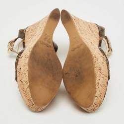 Louis Vuitton Gold/Brown Leather and Monogram Canvas Cork Wedge Strappy Sandals Size 38.5