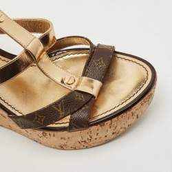 Louis Vuitton Gold/Brown Leather and Monogram Canvas Cork Wedge Strappy Sandals Size 38.5