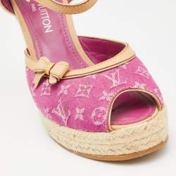 Louis Vuitton Pink Monogram Canvas And Leather Trim Espadrilles Wedge Platform Ankle Strap Sandals Size 40