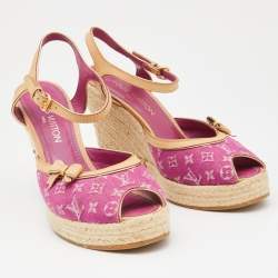 Louis Vuitton Pink Monogram Canvas And Leather Trim Espadrilles Wedge Platform Ankle Strap Sandals Size 40