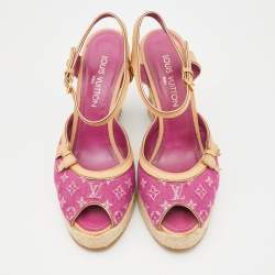 Louis Vuitton Pink Monogram Canvas And Leather Trim Espadrilles Wedge Platform Ankle Strap Sandals Size 40