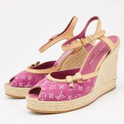 Louis Vuitton Pink Monogram Canvas And Leather Trim Espadrilles Wedge Platform Ankle Strap Sandals Size 40